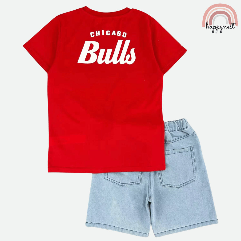 Chicago Bulls Kids 2-Pc Outfit Set - Red Graphic Tee & Denim Shorts (Ages 2-10) AA469