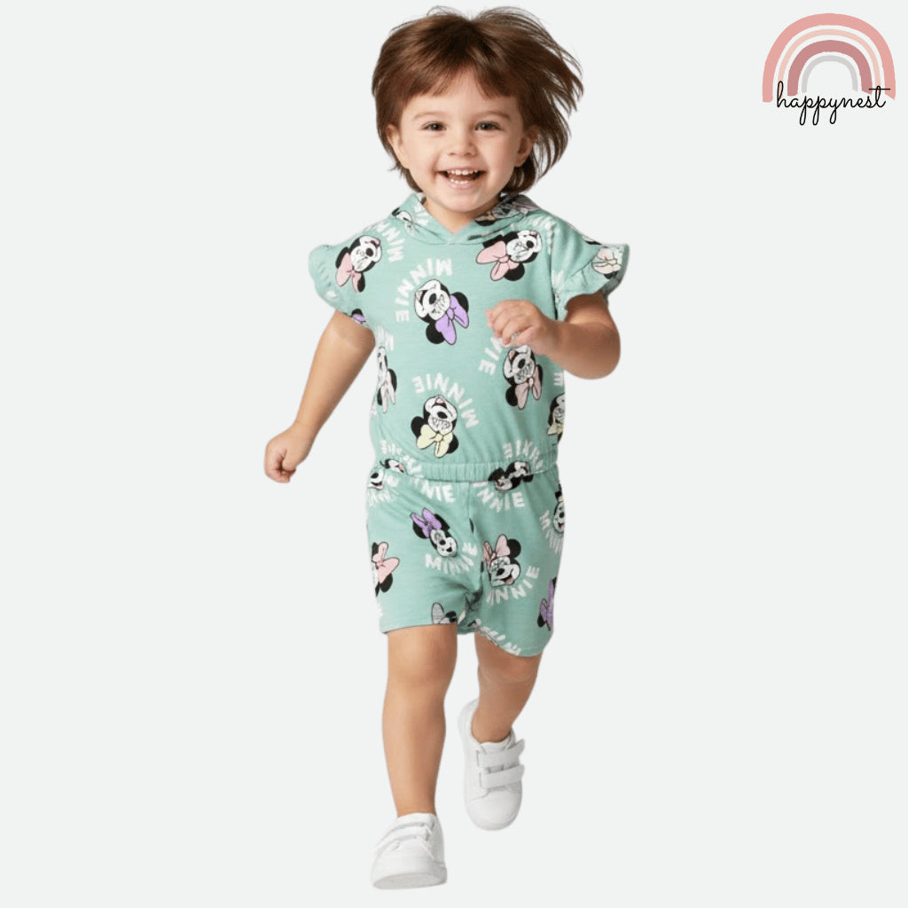 Disney Minnie Mouse Girls 2-Pc Ruffle Hoodie & Shorts Set | Soft Mint Green | 1-4 Years (AA467)