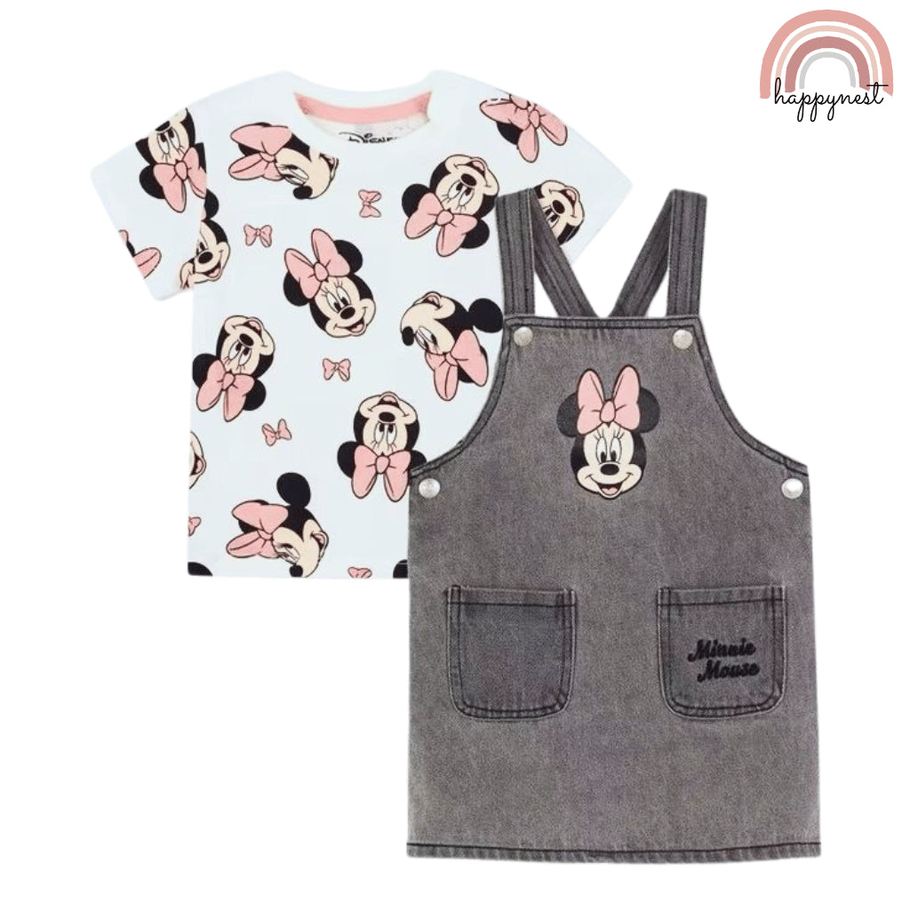 Minnie Baby 2-Pc Pinafore Dress & Tee Set | Grey Denim Style | 0-36 Months (AA479)