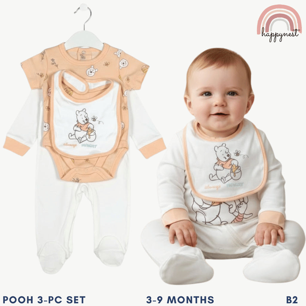 Disney Winnie the Pooh Baby 3-Pc Set | Sleepsuit, Bodysuit & Bib | 3-9 Months (B2)