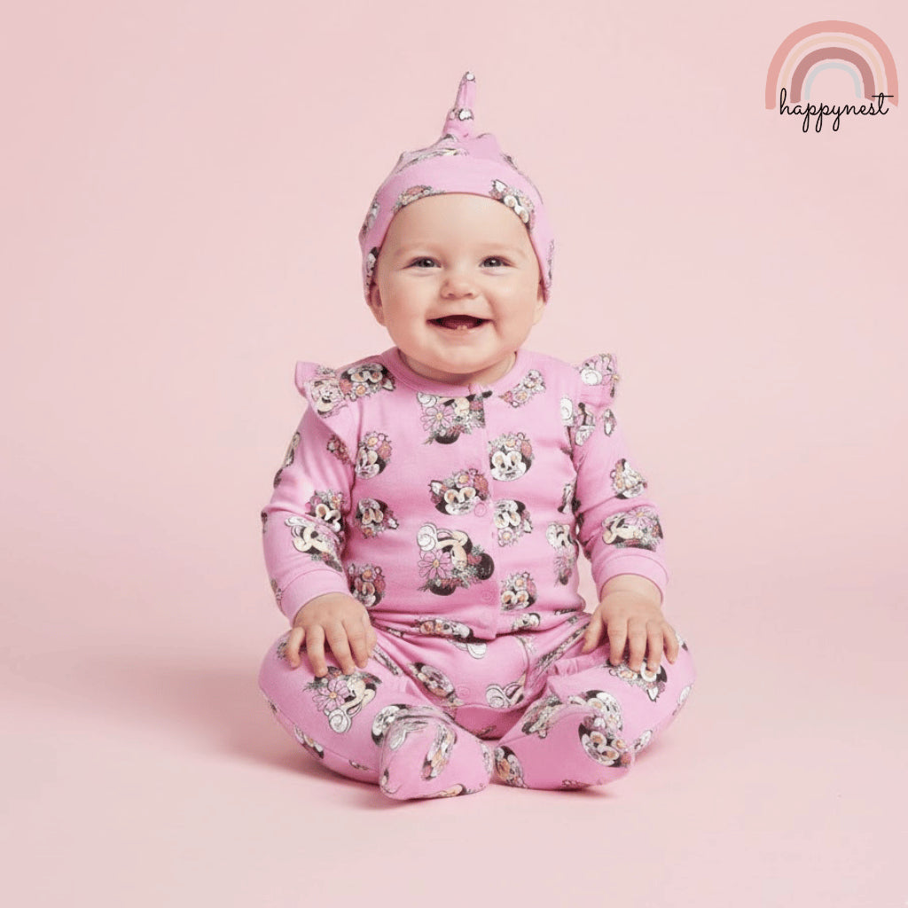 Disney Minnie Mouse Baby Girl 2-Pc Set | Floral Sleepsuit & Matching Hat | 0-9 Months (B3)