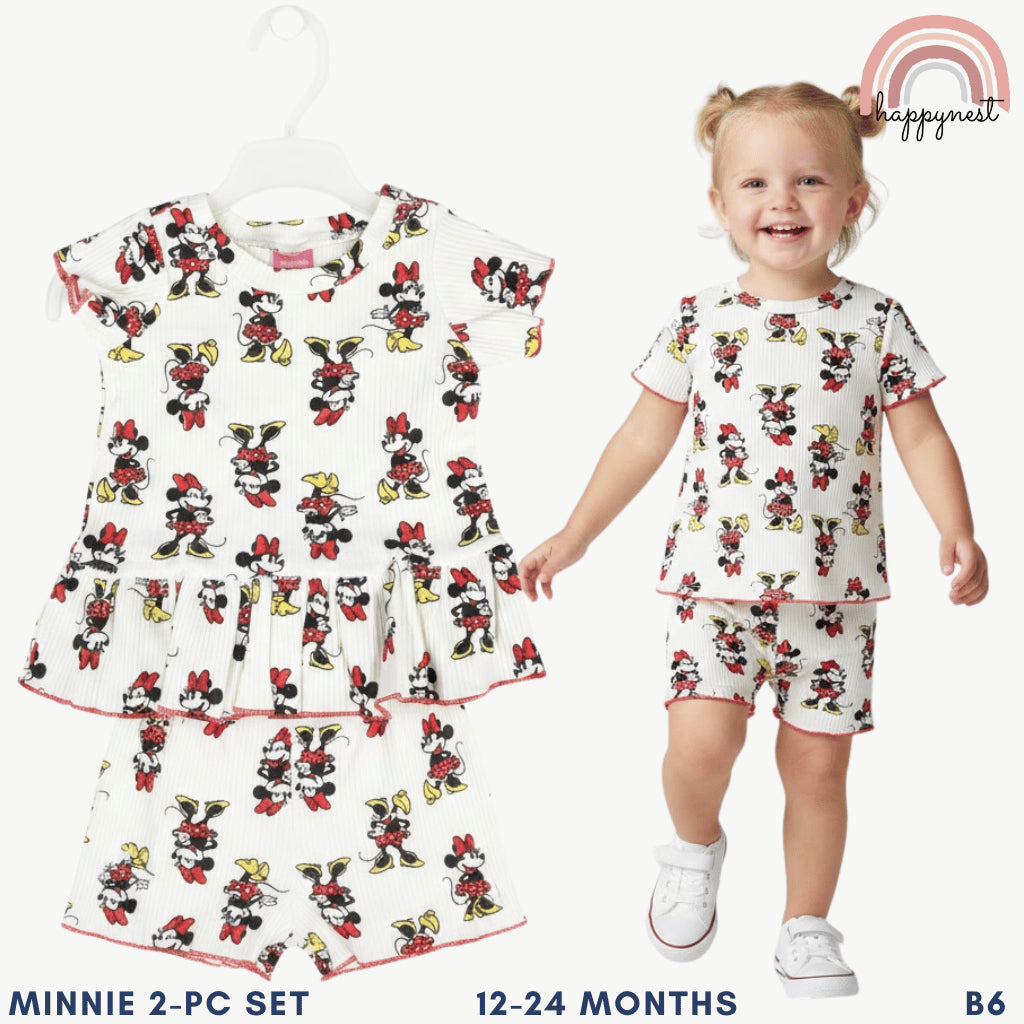 Disney Minnie Mouse Toddler Girls 2-Pc Ruffle Set | White Ribbed Cotton | 12-24 Months (B6)