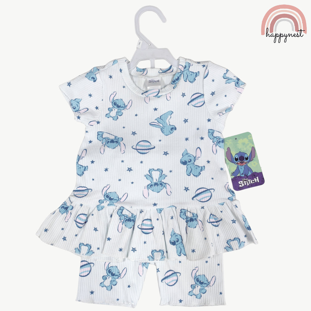Disney Stitch Girls Kid 2-Pc Ruffle Top & Shorts Set | 2-6 Years White Ribbed Cotton (B7)