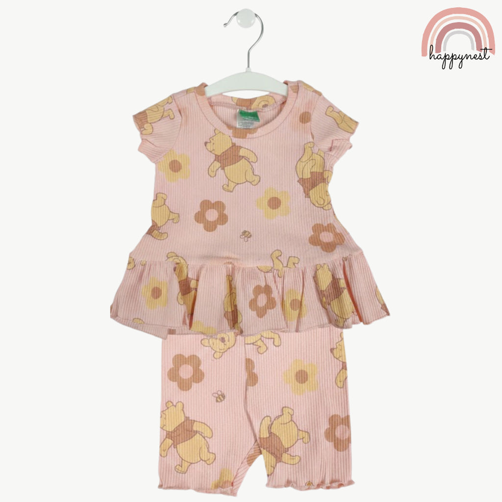 Disney Winnie the Pooh Toddler Girls 2-Pc Ruffle Set | Peach Ribbed Cotton | 12-24 Months (B10)