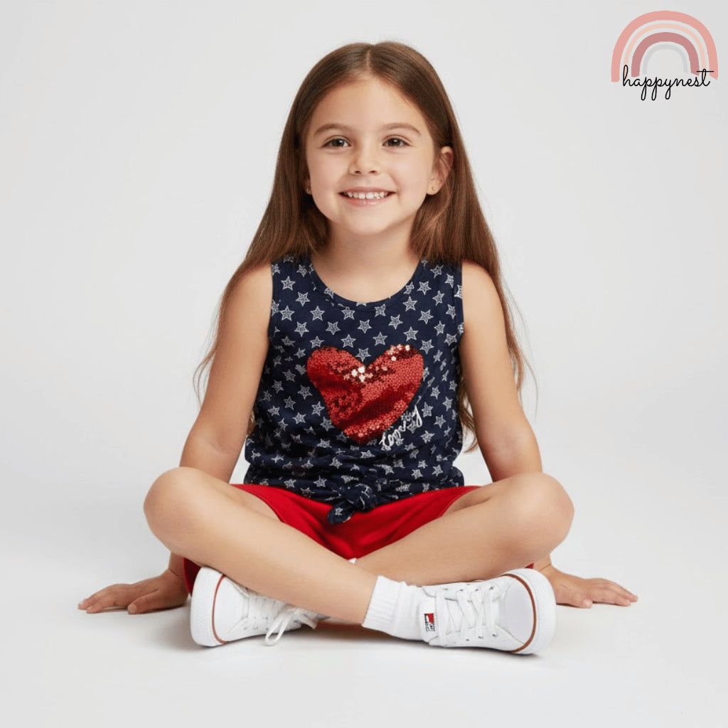 Blue Red Girls 2-Pc Sleeveless Set | Sequin Heart & Stars | Navy & Red | 2-10 Years (AA487)