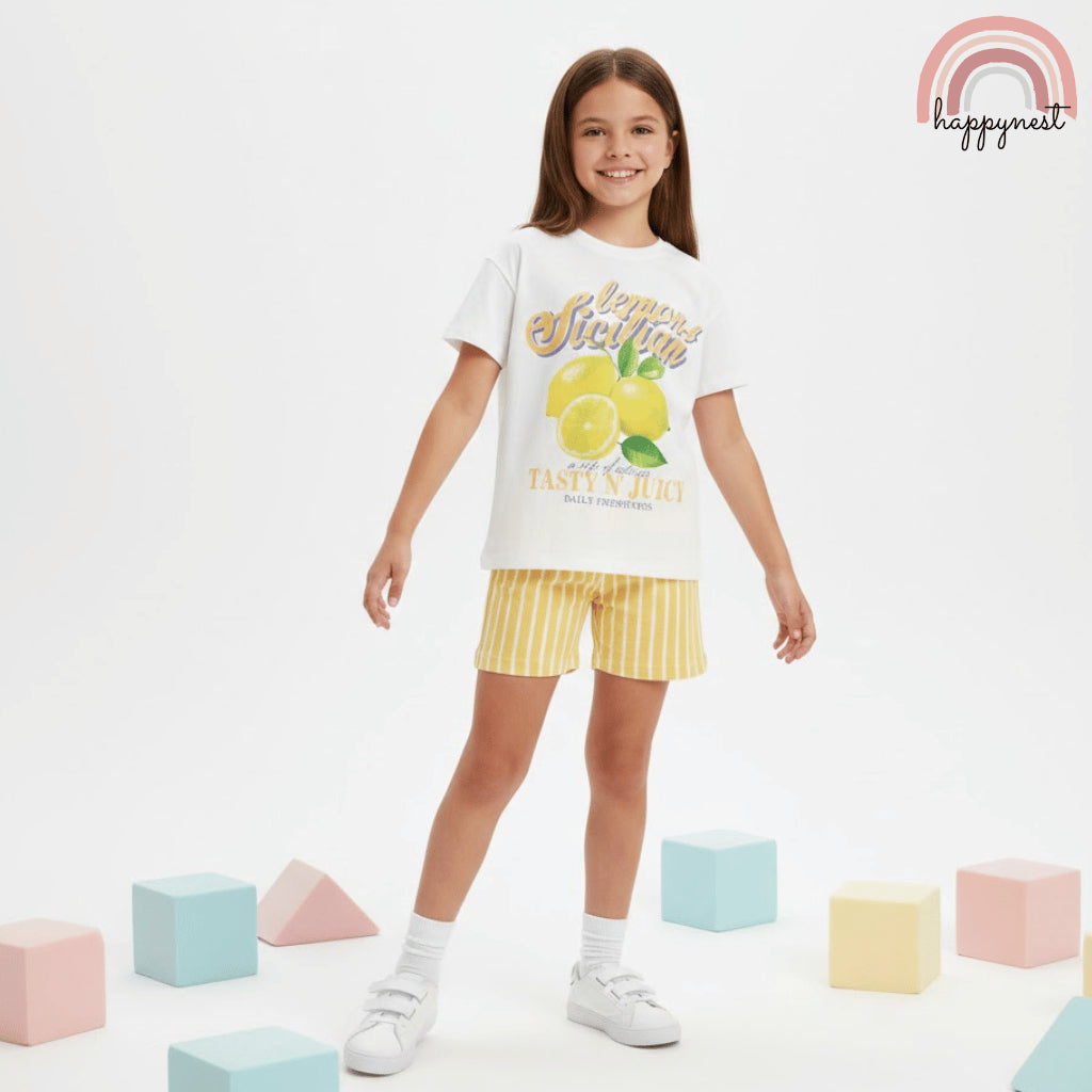 Sicilian Lemons Girls 2-Pc T-Shirt & Striped Shorts Set | Fresh Summer Outfit | 2-10 Years (AA488)