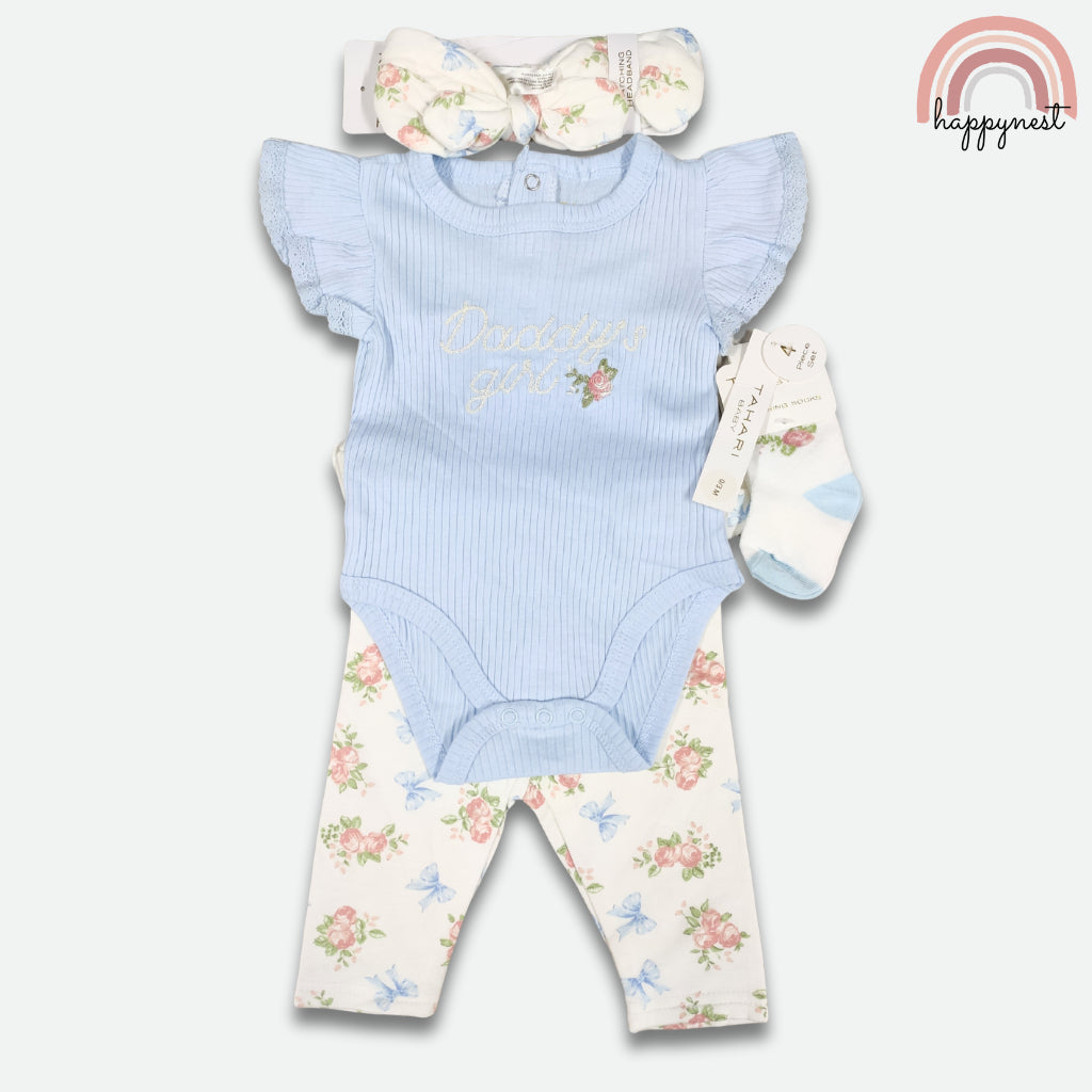 Tahari Baby 4-Pc Gift Set 3-9 Months | Flutter Sleeve Bodysuit & Floral Pants (B63)