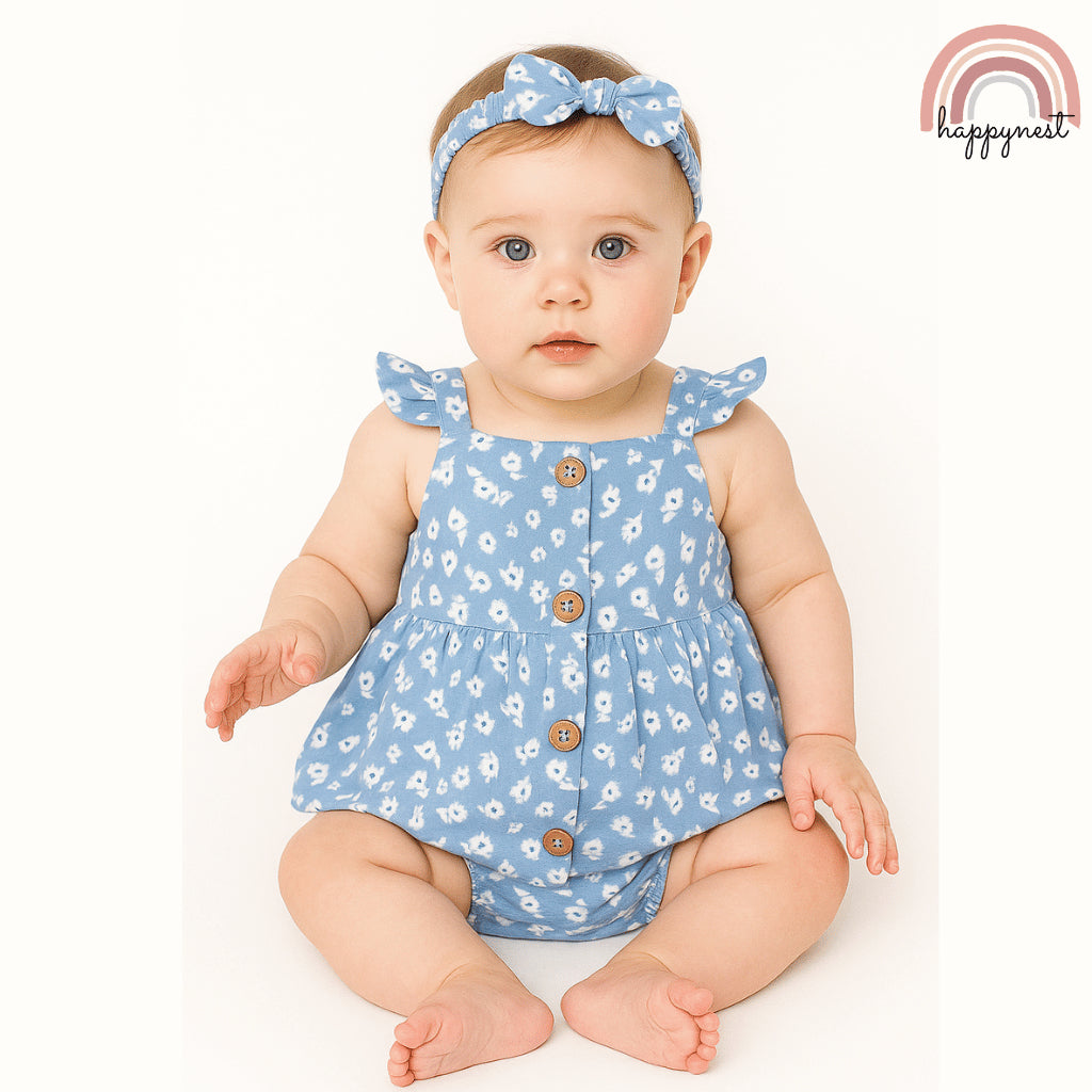 Baby Girl OOTD Blue Floral 3-Piece Set Dress Headband 0-12 Months AA312