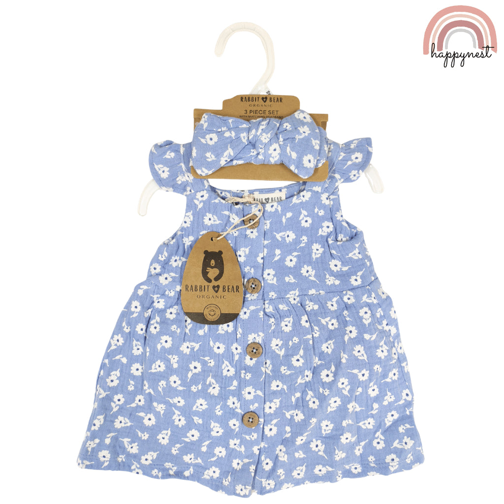 Baby Girl OOTD Blue Floral 3-Piece Set Dress Headband 0-12 Months AA312