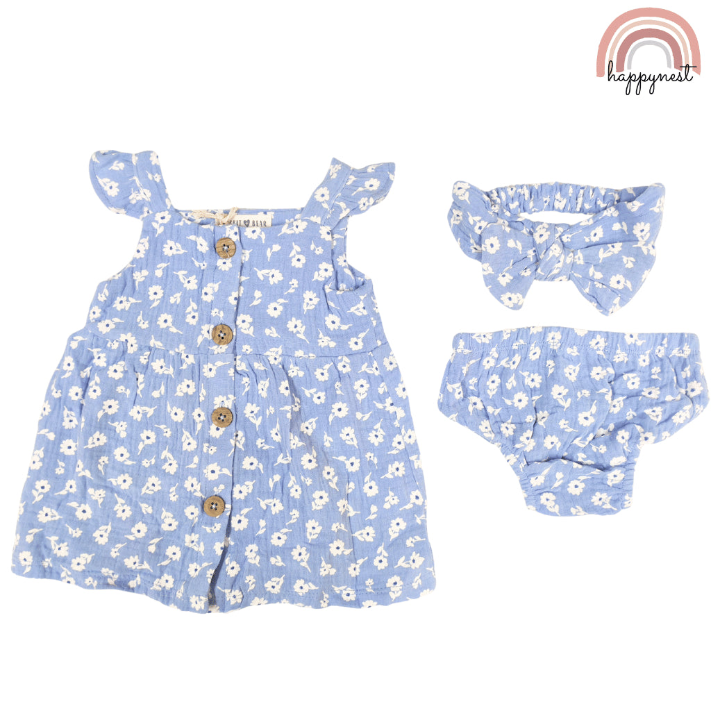 Baby Girl OOTD Blue Floral 3-Piece Set Dress Headband 0-12 Months AA312