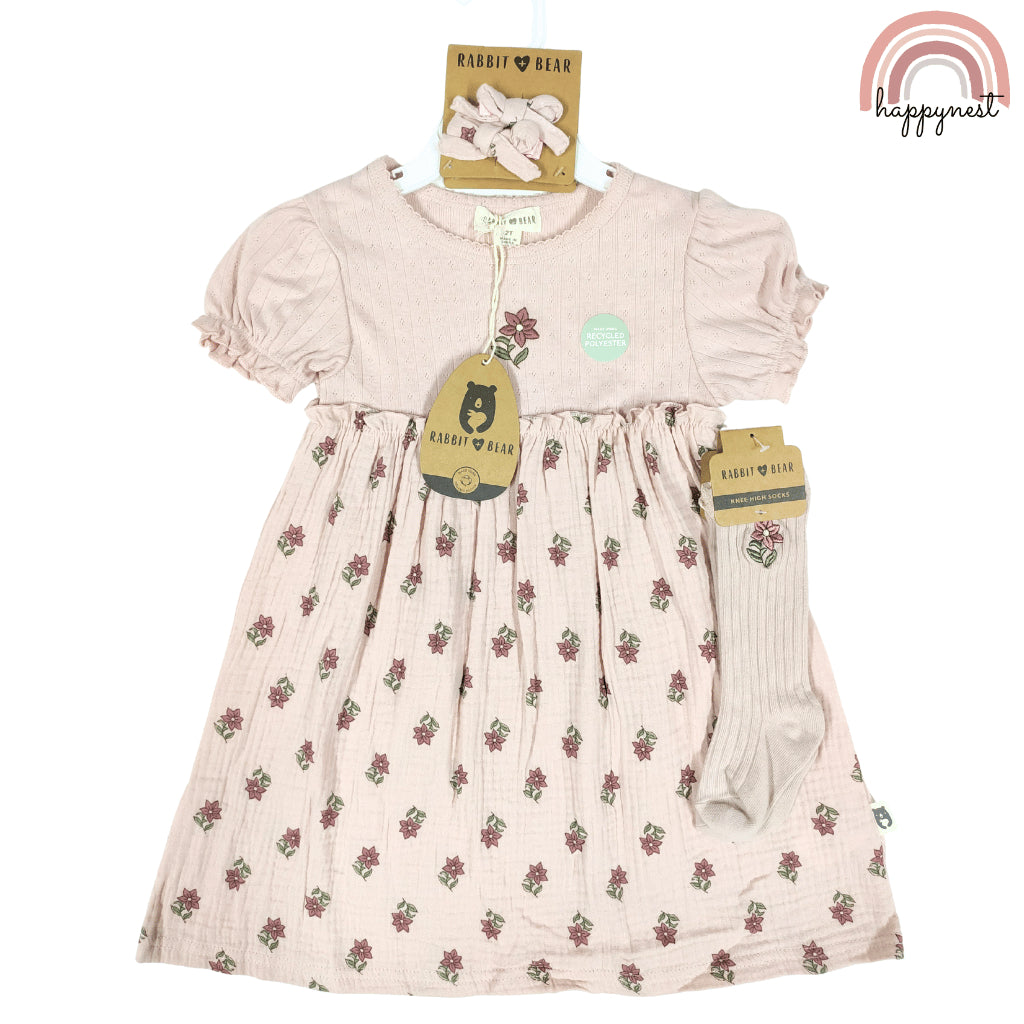 Rabbit Bear Baby Girl Dress Set 3pcs with Socks and Hair Clips Outfit 2-3 Years AA325