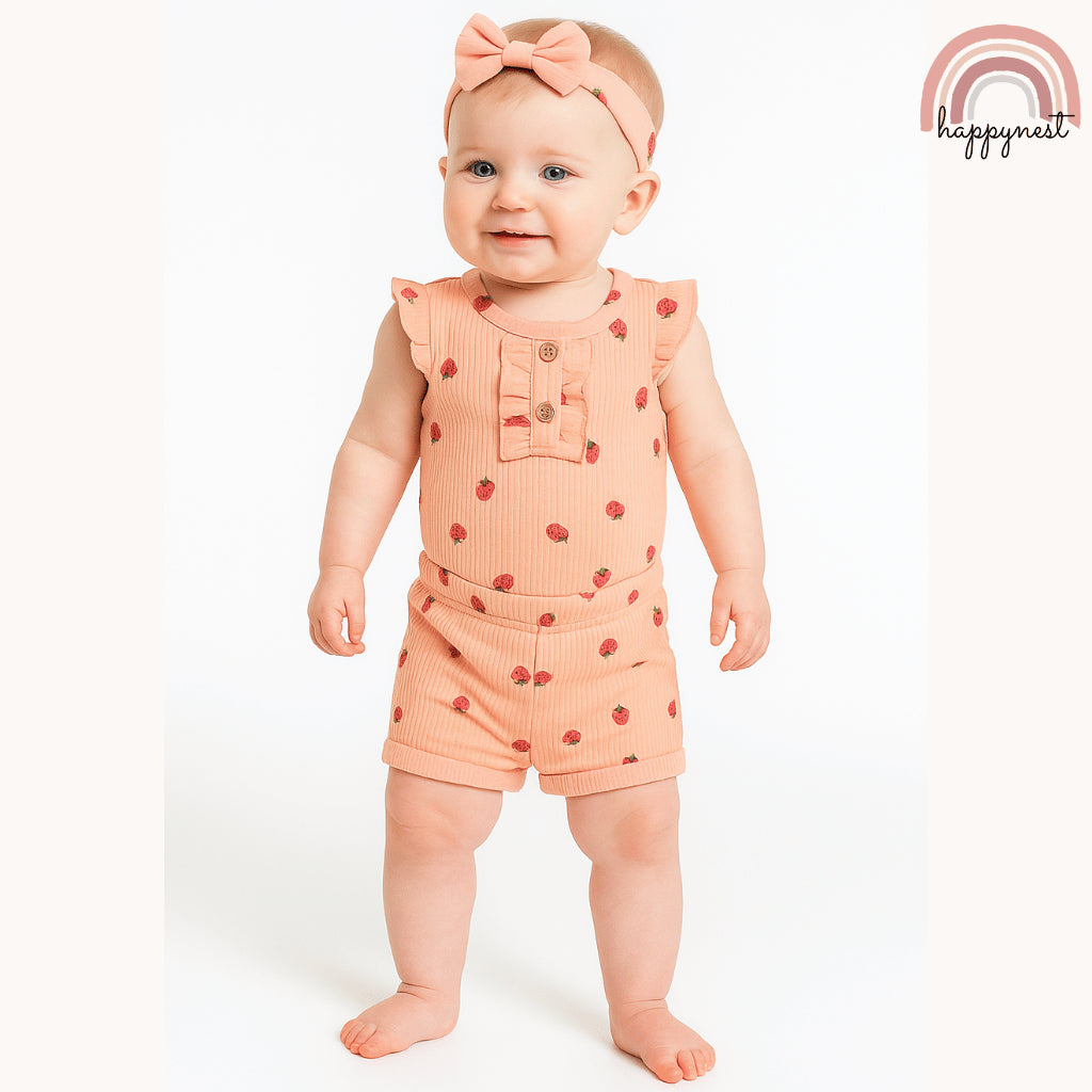 Baby Girl Orange Clothes 3pcs Strawberry Romper Shorts and Headband Outfit 0-12M AA320
