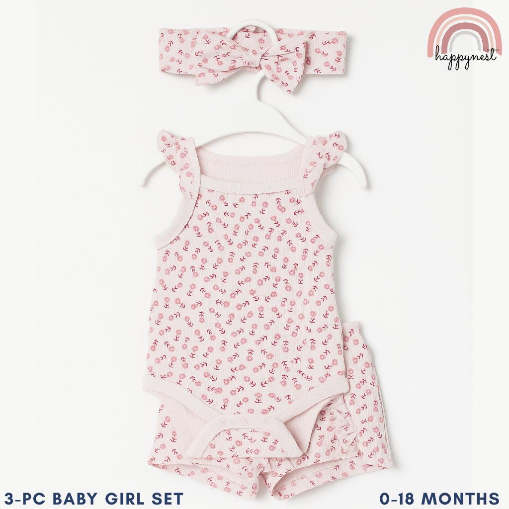 Baby Girl Clothes 3pcs Pink Romper Shorts and Headband Outfit 0-12 Months AA321