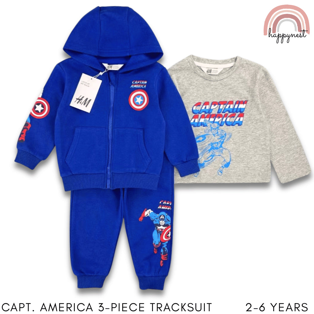 Captain America 3PC Kids Tracksuit – Hoodie, Shirt & Jogger Pants Set | 2–6 Years (SS535)