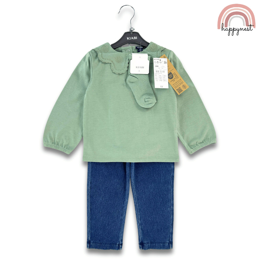 Kiabi 3-Piece Baby Set with Green Scallop Collar Top, Jeggings & Socks (3–36 Months) | SS553