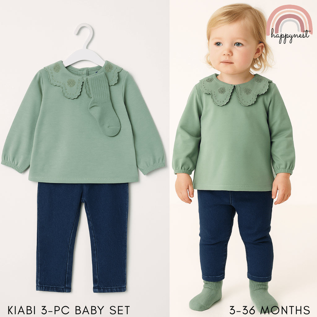 Kiabi 3-Piece Baby Set with Green Scallop Collar Top, Jeggings & Socks (3–36 Months) | SS553