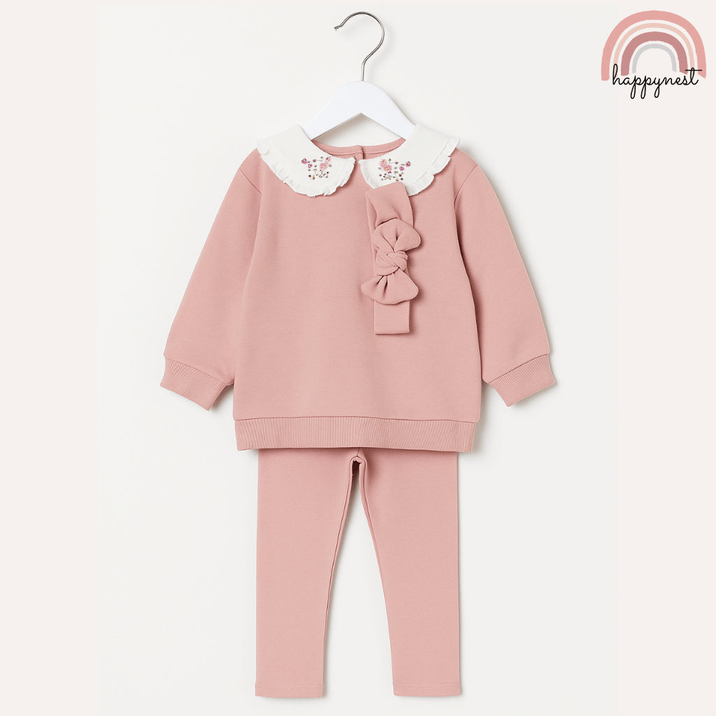Kiabi 3-Piece Baby Girl Set with Embroidered Collar & Bow Leggings (3–36 Months) | SS555