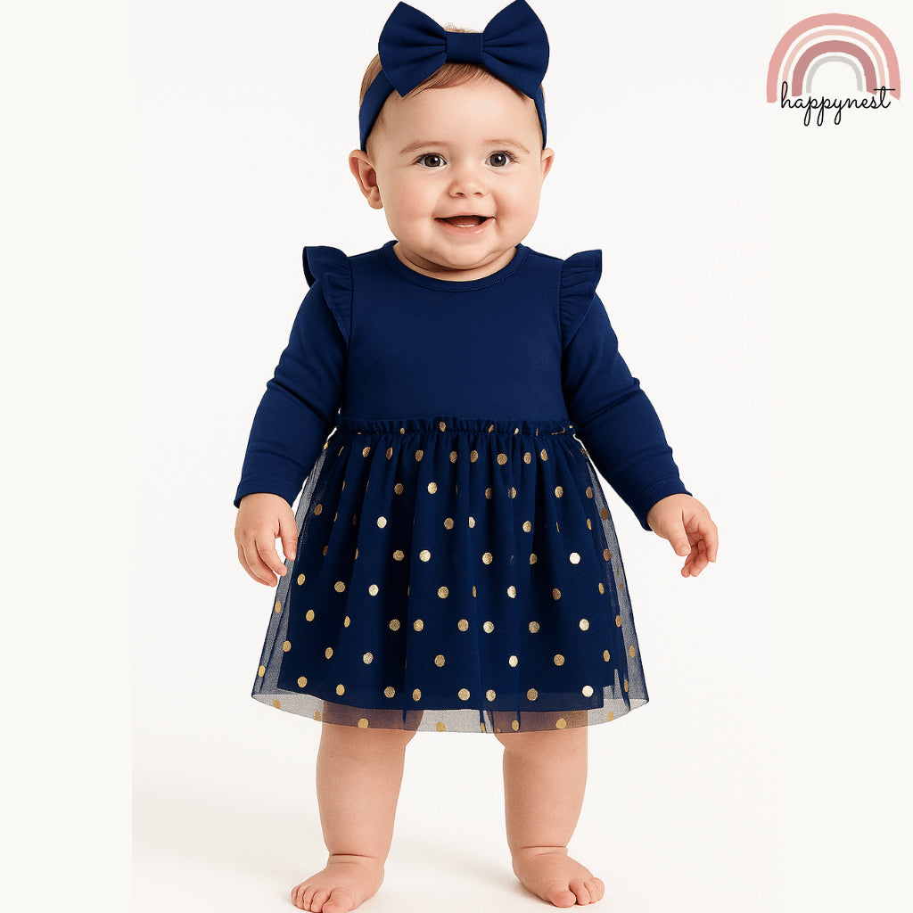 Tutu Dress Set Baby Girls Just Lizzy 2-Piece Blue Gold Dots (0-12 Months) AA15