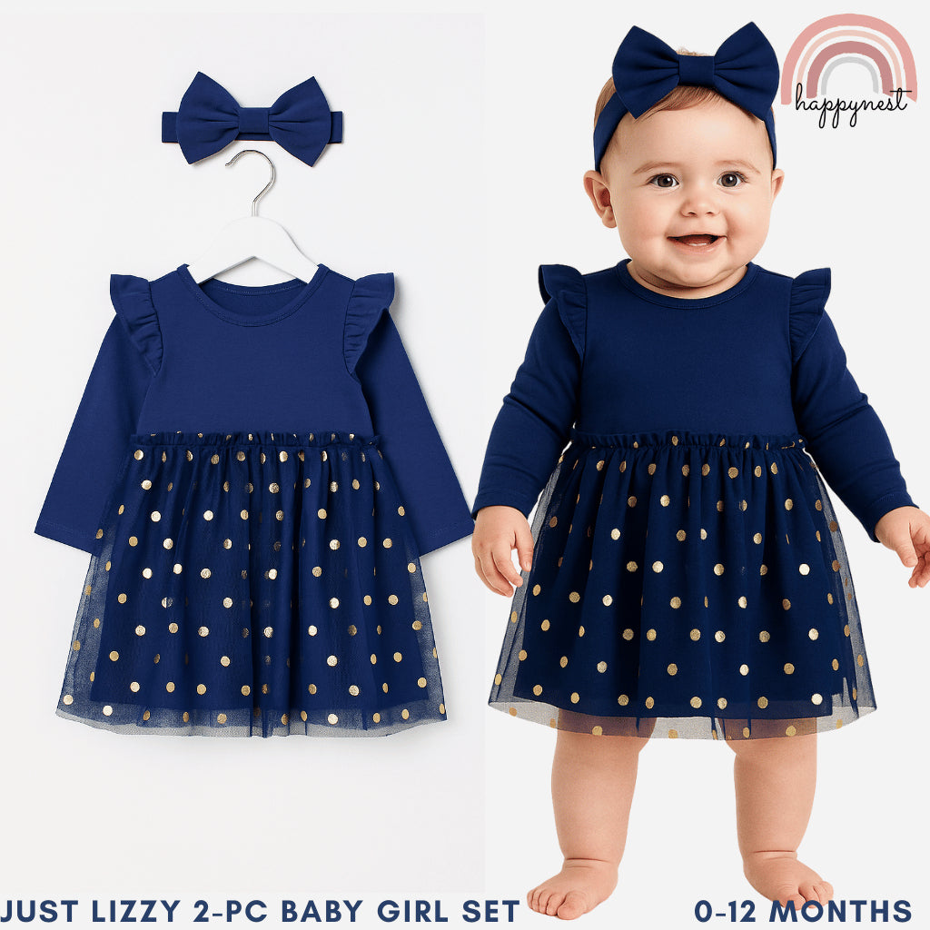 Tutu Dress Set Baby Girls Just Lizzy 2-Piece Blue Gold Dots (0-12 Months) AA15