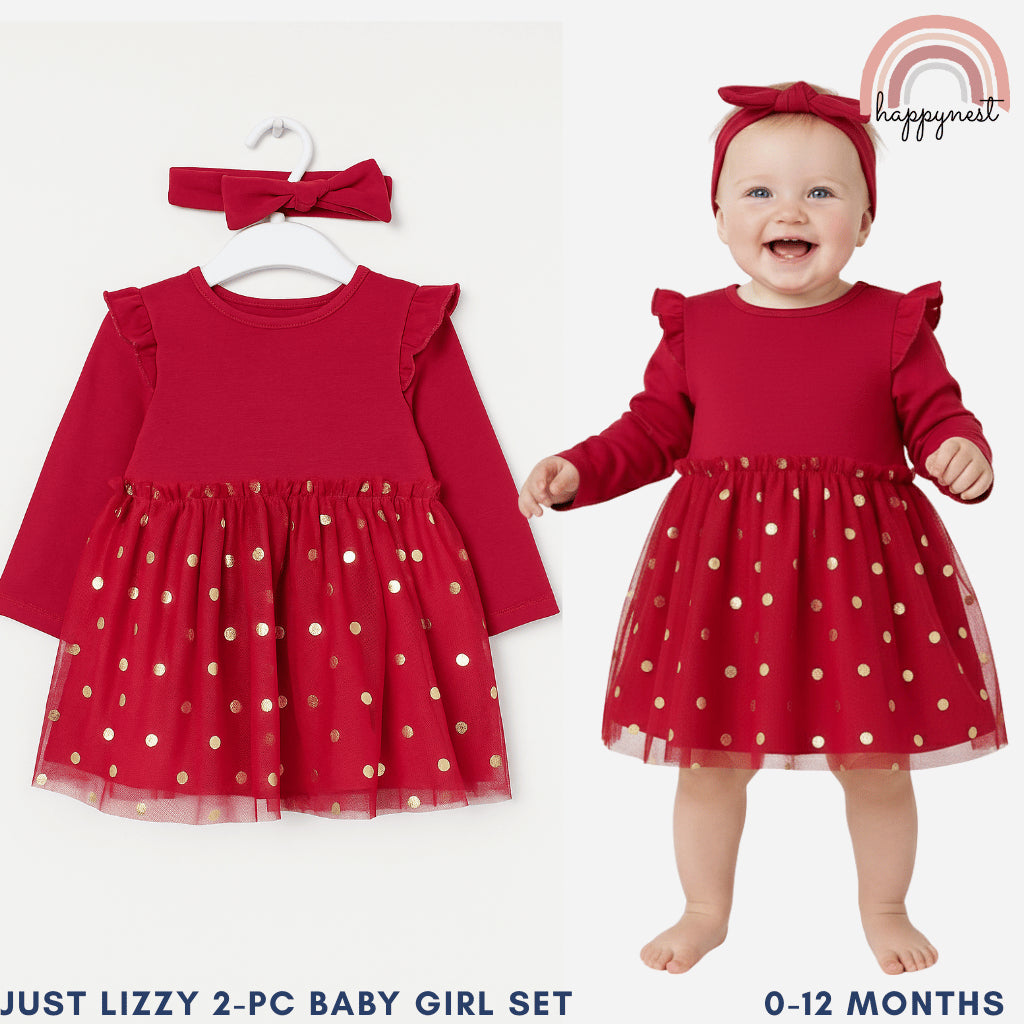Baby Girl Dress Tutu Red Set Just Lizzy 2-Piece Red Gold Dots  (0-12 Months) AA19