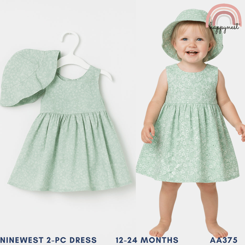 Adorable Mint Green Floral Dress and Hat Set for Baby Infant Girls 3-24 Months AA375