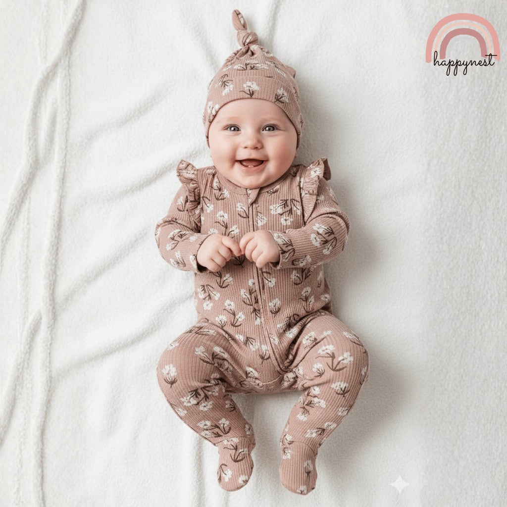 Baby Overalls Girl Ribbed Floral Ruffle Footed Sleeper & Hat Jessica Simpson Set 3-9 Months AA391