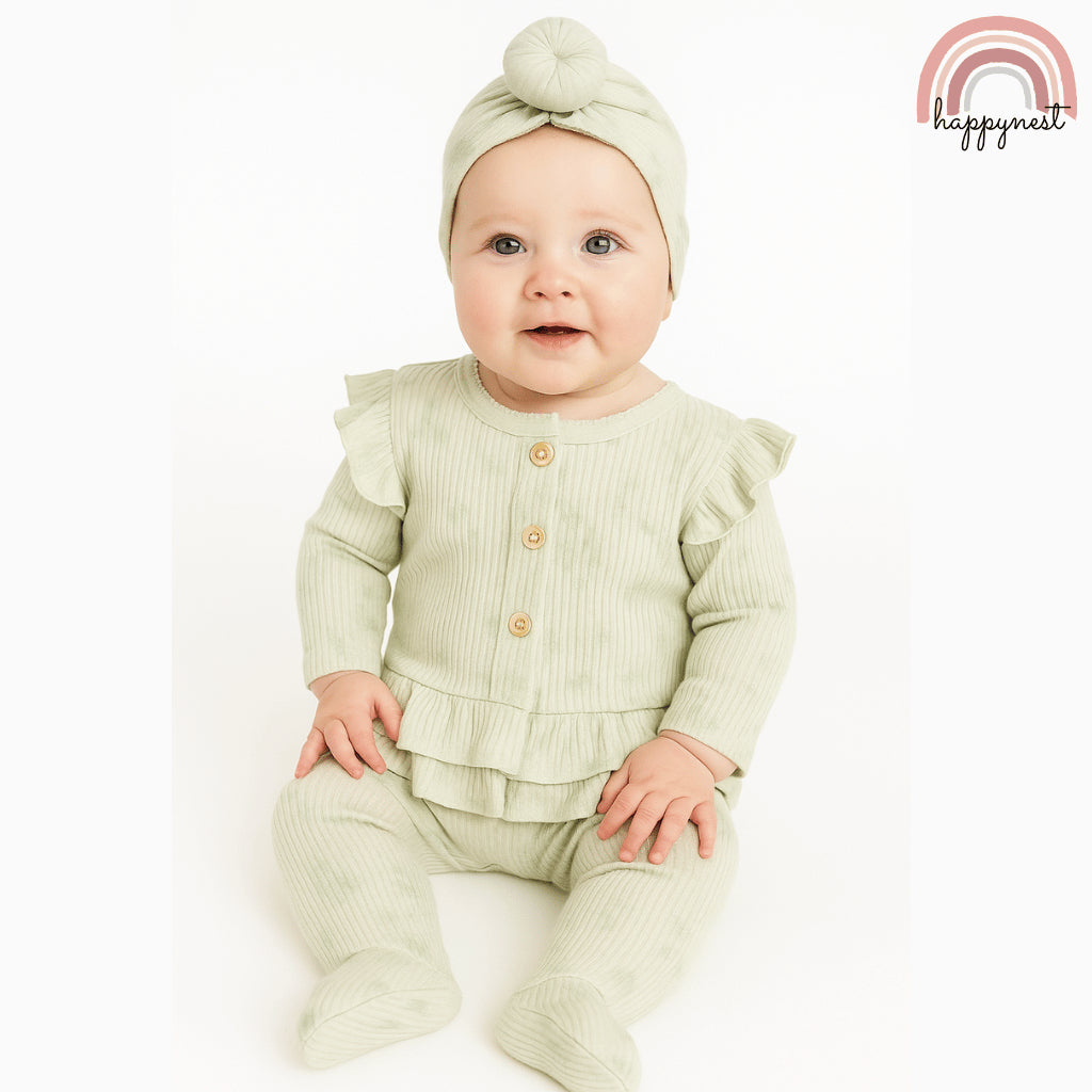Baby Overalls Set Rachel Zoe Ribbed Cardigan, Footed Pants & Turban Hat Set AA387 3-9 Months