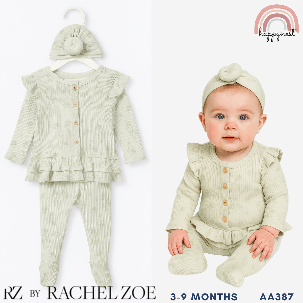 Baby Overalls Set Rachel Zoe Ribbed Cardigan, Footed Pants & Turban Hat Set AA387 3-9 Months