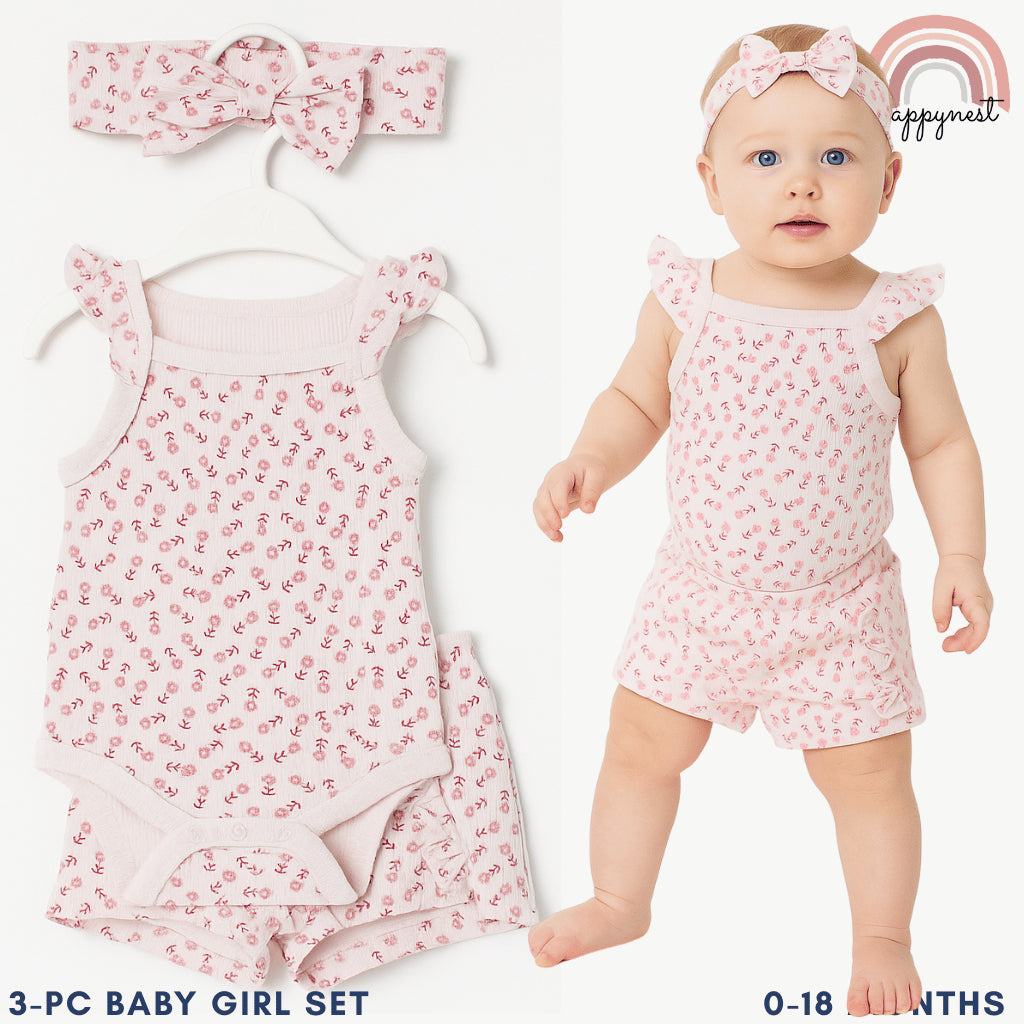 Baby Girl Clothes 3pcs Pink Romper Shorts and Headband Outfit 0-12 Months AA321