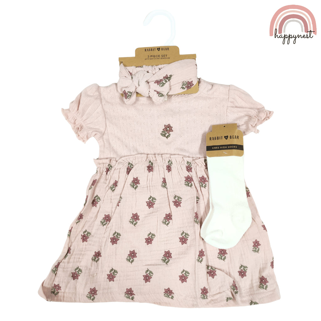 Baby Girl Dress Set w/ Headband & Socks (3-9M) | AA326 Rabbit Bear