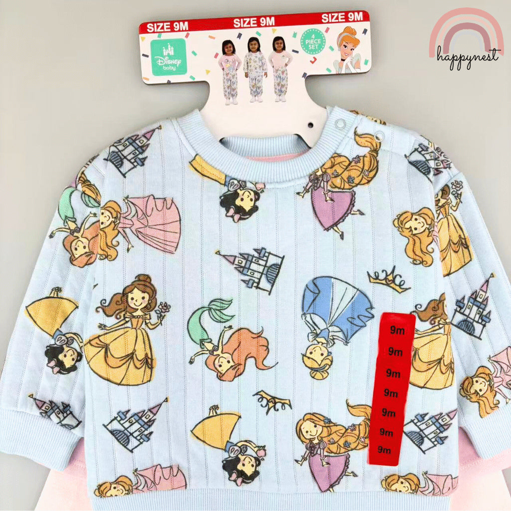 Disney PRINCESS Baby 4PC Set Light Blue Pink Toddler Pajama Sleepwear Bodysuit 9M-2Y SS598