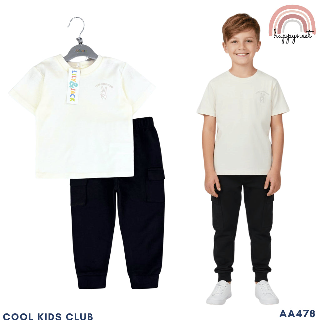 Lily & Jack Boys 2-Pc "Cool Kids Club" Tee & Cargo Jogger Set | Soft Cotton | AA478 2-4 Years