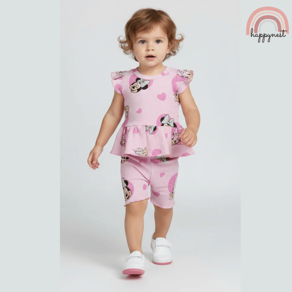 Disney Minnie & Daisy Toddler Girls 2-Pc Ruffle Set | Pink Ribbed Cotton | 3m - 4 Years (B8)