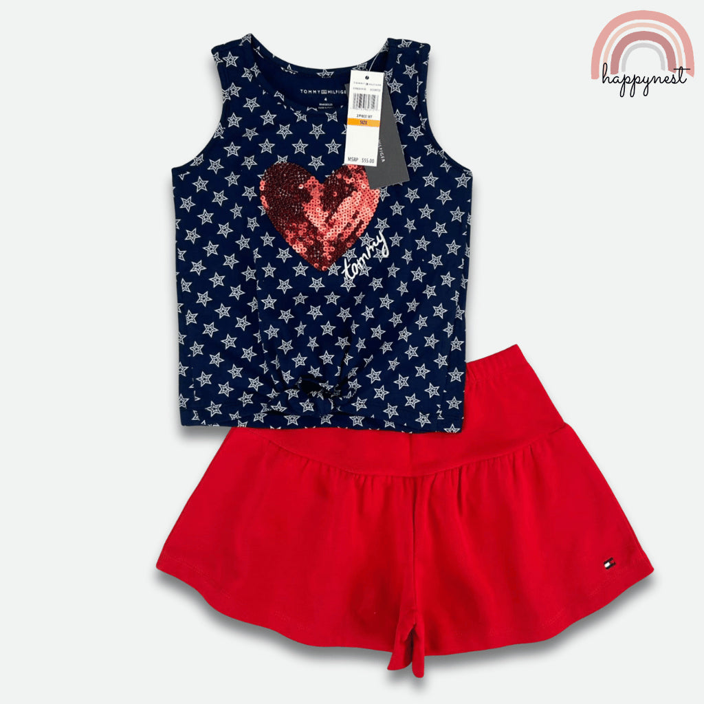 Blue Red Girls 2-Pc Sleeveless Set | Sequin Heart & Stars | Navy & Red | 2-10 Years (AA487)