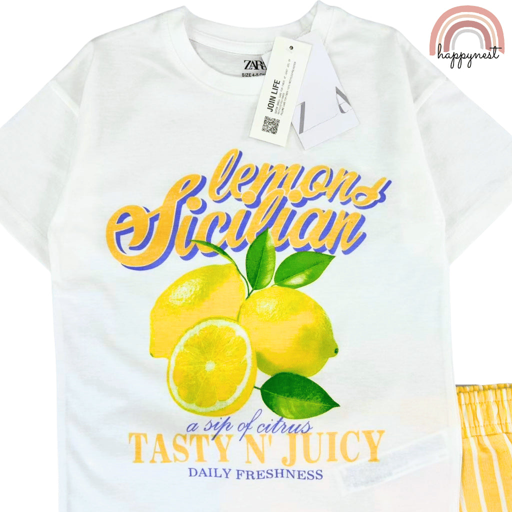 Sicilian Lemons Girls 2-Pc T-Shirt & Striped Shorts Set | Fresh Summer Outfit | 2-10 Years (AA488)