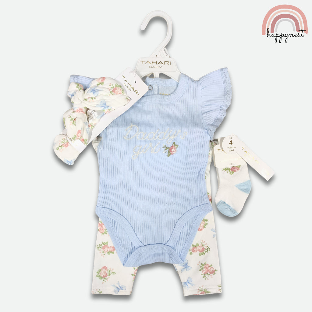 Tahari Baby 4-Pc Gift Set 3-9 Months | Flutter Sleeve Bodysuit & Floral Pants (B63)