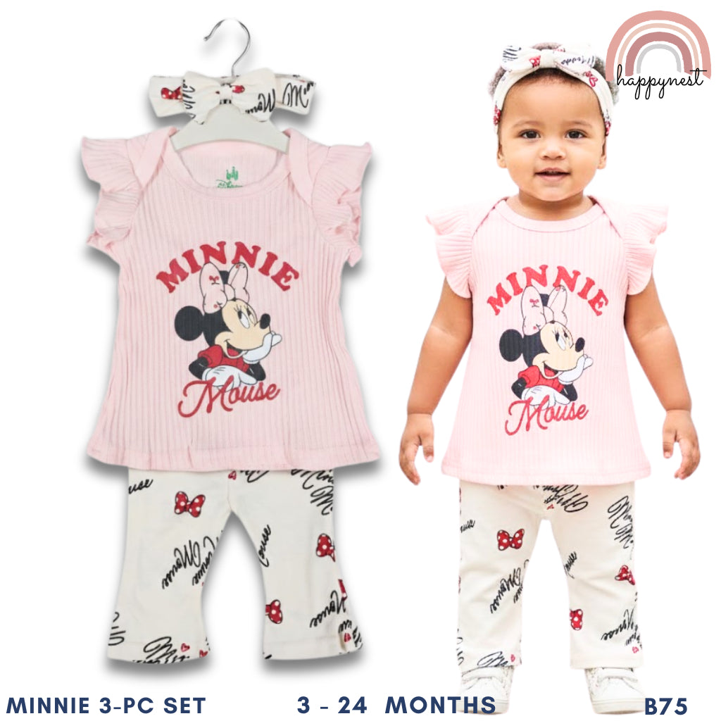 Minnie Baby Girl 3-Pc Pink Ribbed Set | Classic Disney Style | 3-24 Months | B75