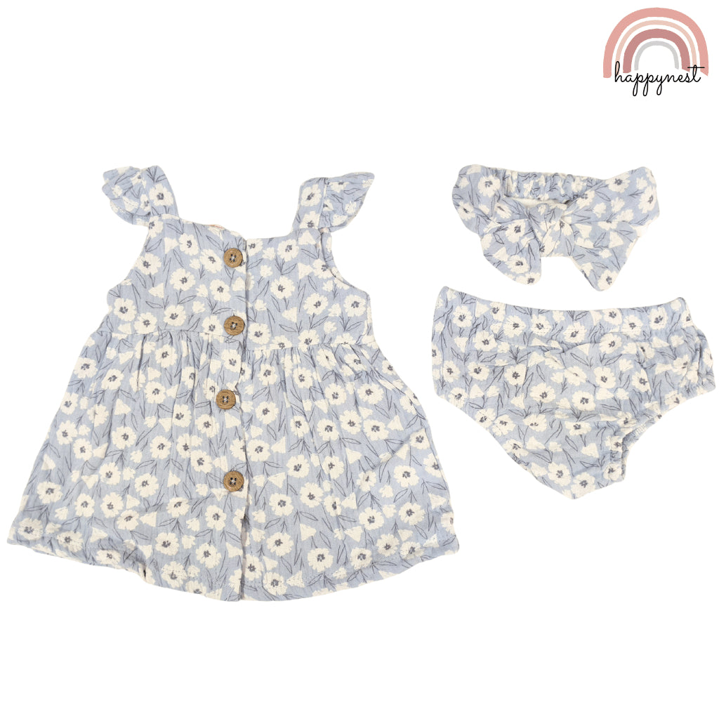 Baby Girl OOTD Light Blue Floral 3-Piece Set Dress Headband 0-12 Months AA313