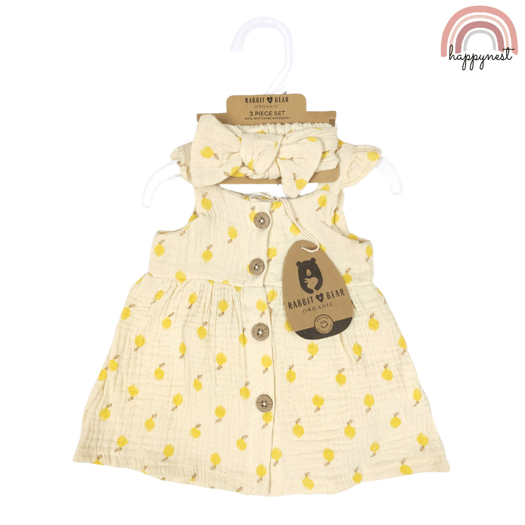 Baby Girl Clothes 3-Piece Set Yellow Lemon Print Dress Headband 0-12 Months AA316