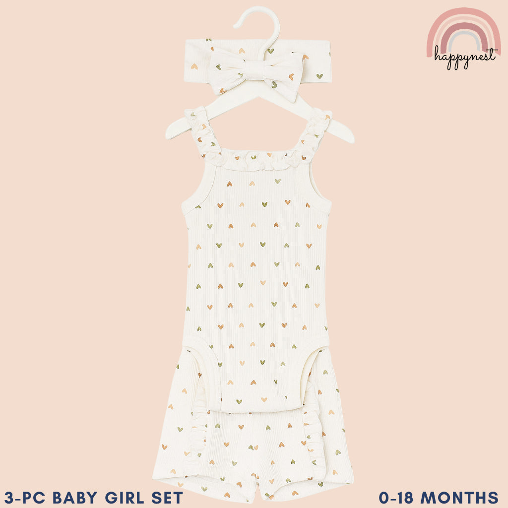 Baby Girl White OOTD Set 3pcs Romper Shorts and Headband Outfit 0-12 Months AA318
