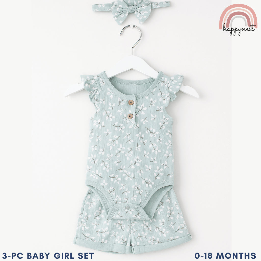 Baby Girl Blue Clothes 3pcs Romper Shorts and Headband Outfit 0-12 Months AA319