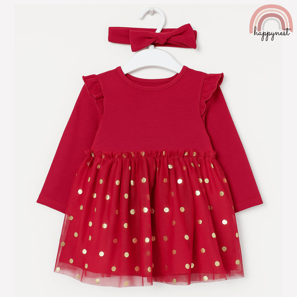 Baby Girl Dress Tutu Red Set Just Lizzy 2-Piece Red Gold Dots  (0-12 Months) AA19