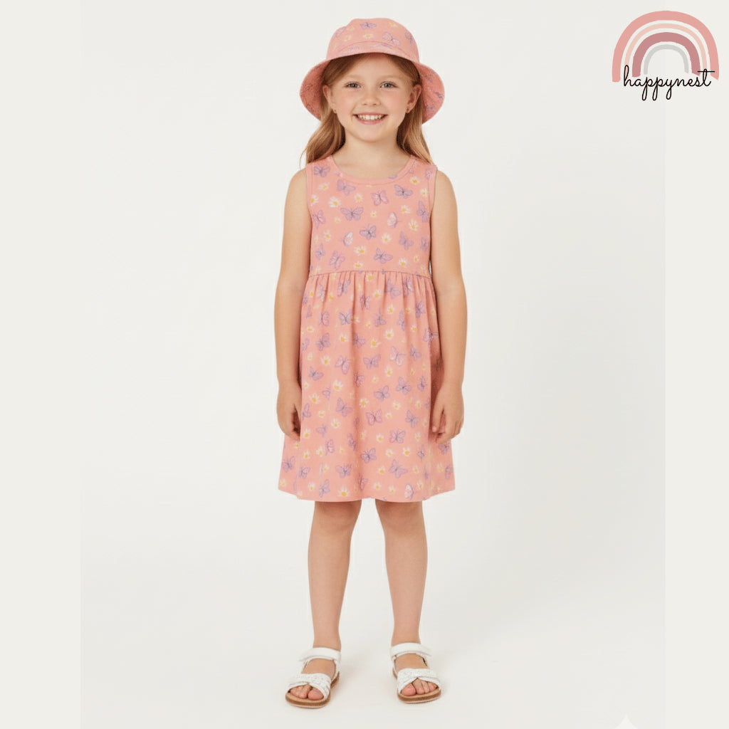 Cute Butterfly Print Dress and Hat Terno for Little Girls 4-7 Years AA376