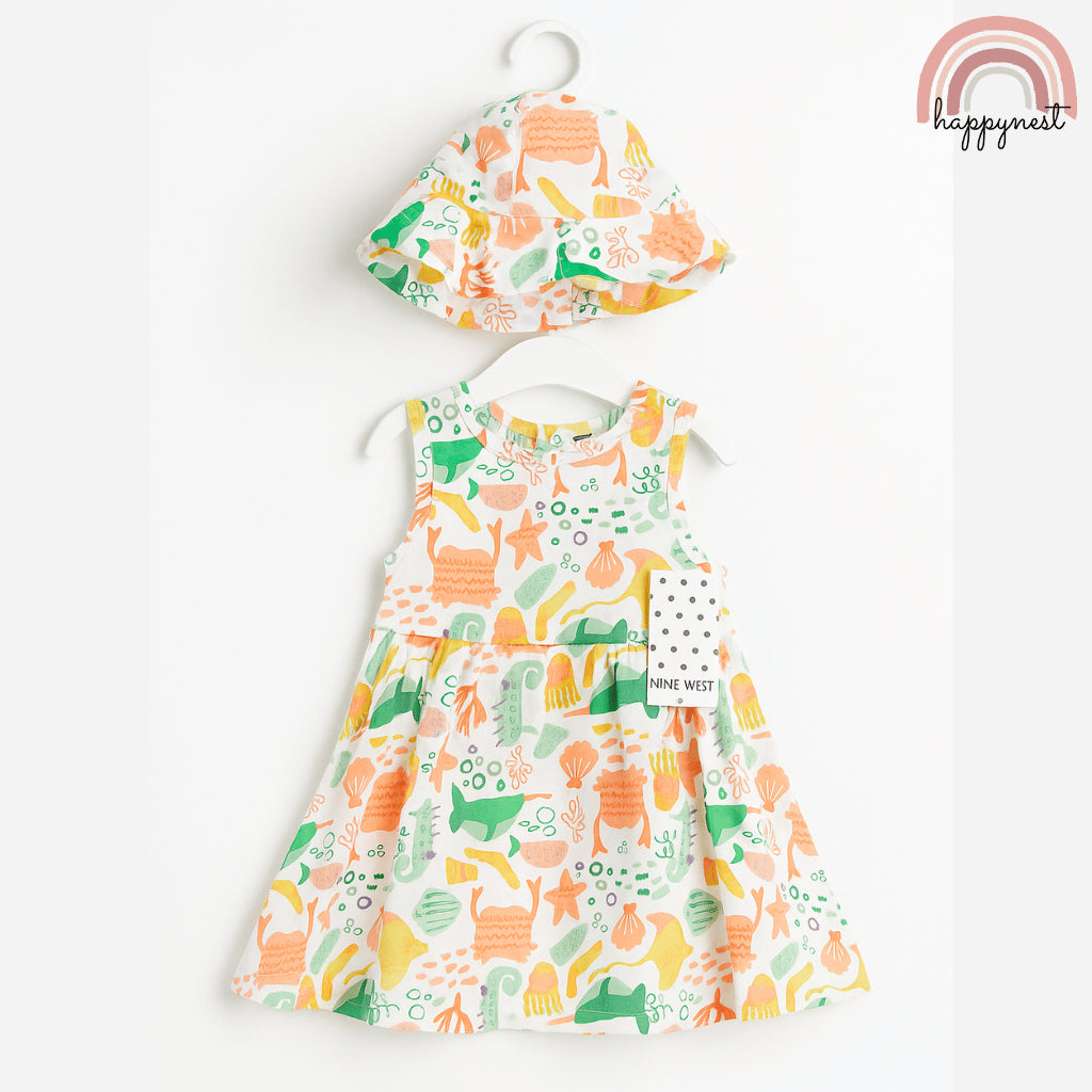 Fun Sea Life Ocean Print Dress and Hat Terno for Toddler Girls 2-4 Years AA377