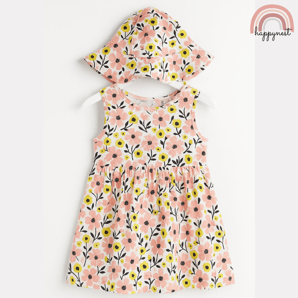 Pink & Yellow Floral Dress & Hat Set for Girls 12-24M AA381