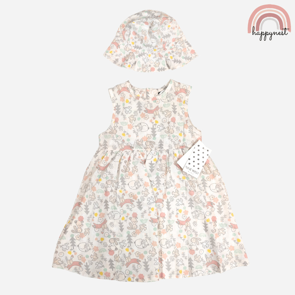 Woodland Bunny Print Dress & Hat Set for Girls 4-7Y AA383