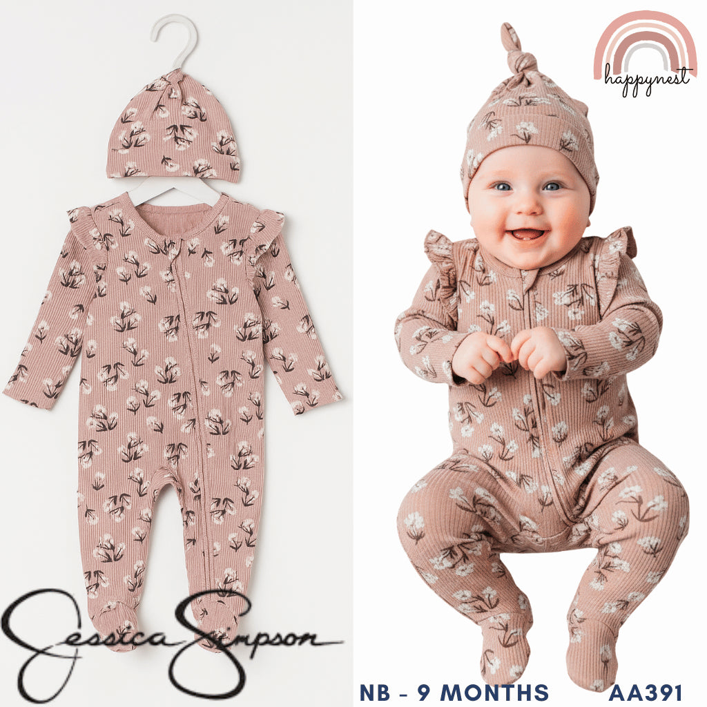 Baby Overalls Girl Ribbed Floral Ruffle Footed Sleeper & Hat Jessica Simpson Set 3-9 Months AA391