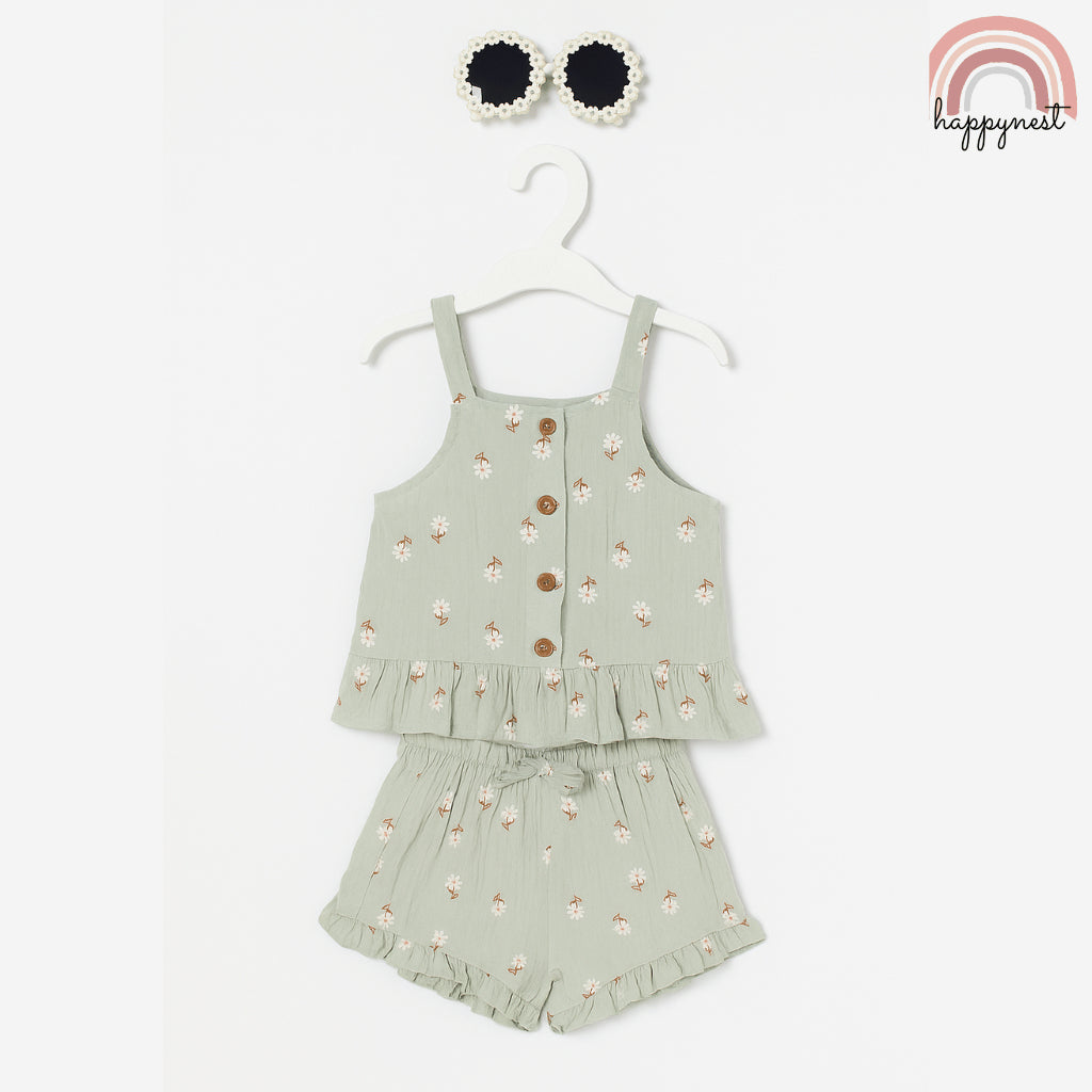 Baby Girl Outfit OOTD Set Green Floral Cotton & Pearl Sunglasses 2 to 4 Years AA418