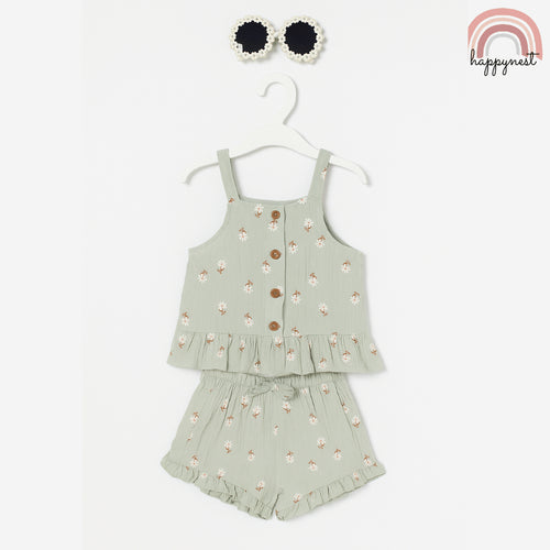 Baby Girl Outfit OOTD Set Green Floral Cotton & Pearl Sunglasses 2 to 4 Years AA418
