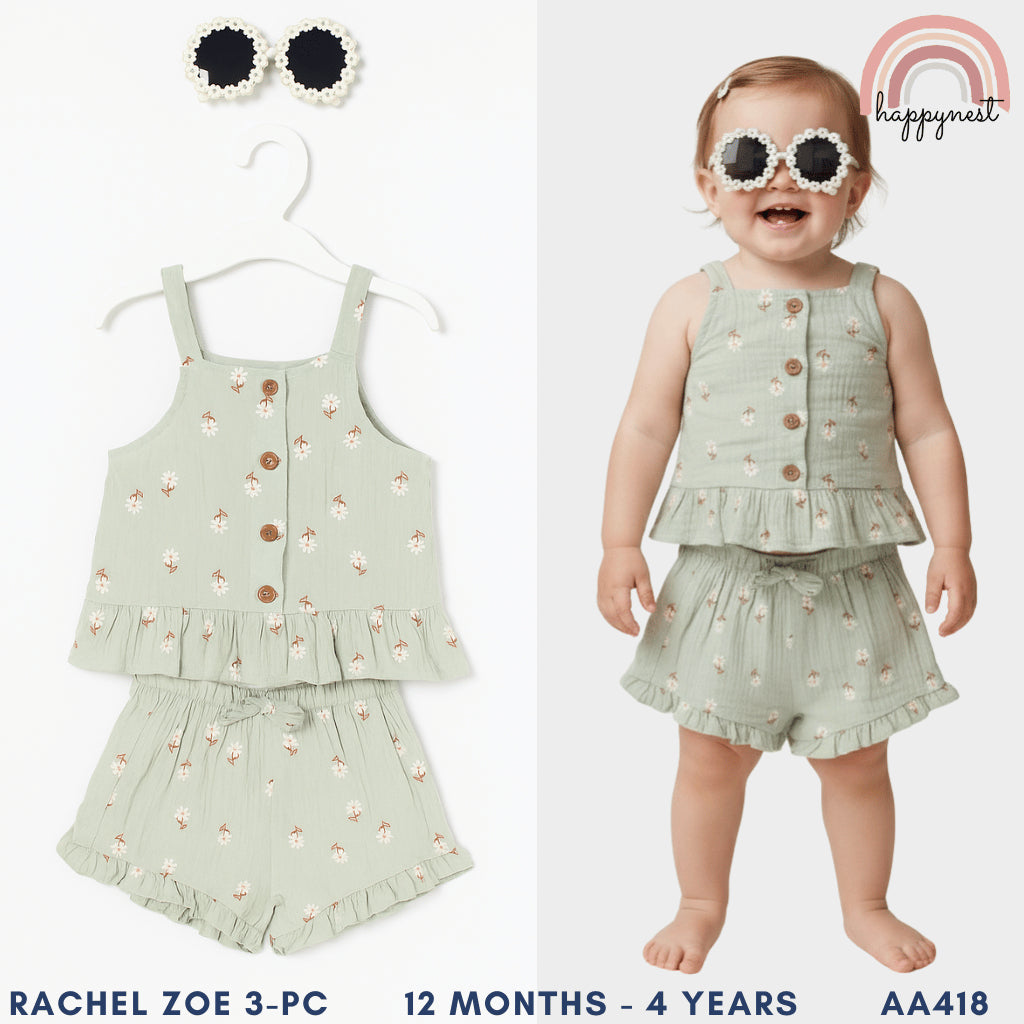 Baby Girl Outfit OOTD Set Green Floral Cotton & Pearl Sunglasses 2 to 4 Years AA418